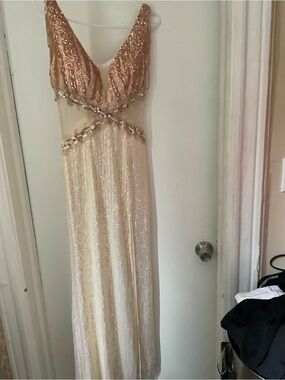 Sequin Beaded Champagne Evening Dress with Rose Gold Bodice